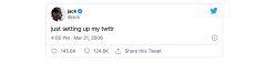 Tokenized Jack Dorsey Tweet价格为2.9M，NFT拍卖的